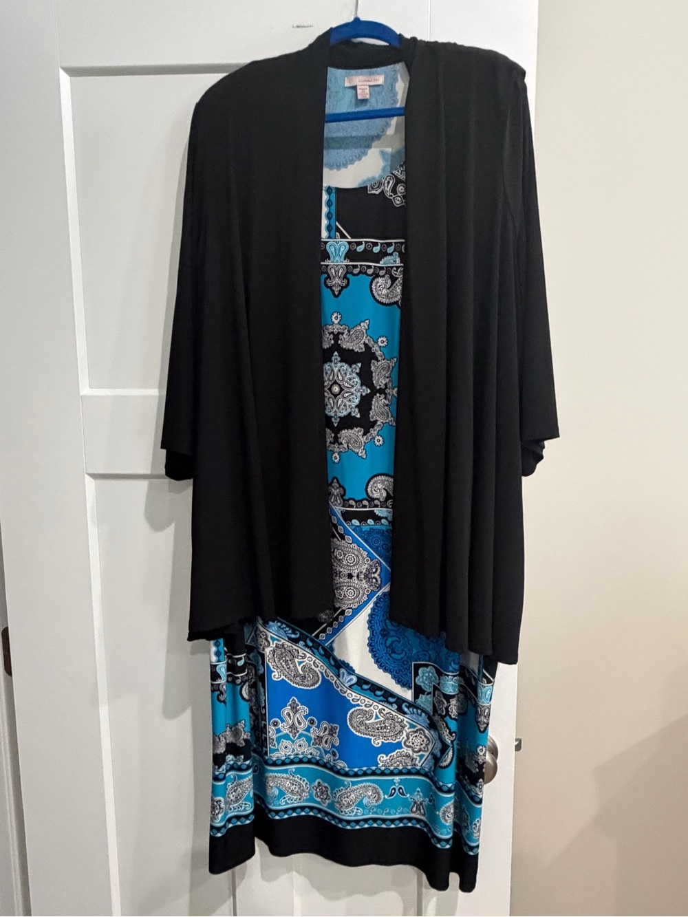 Dress Barn Black Layered Cardigan with Blue Paisley Dress Size 24